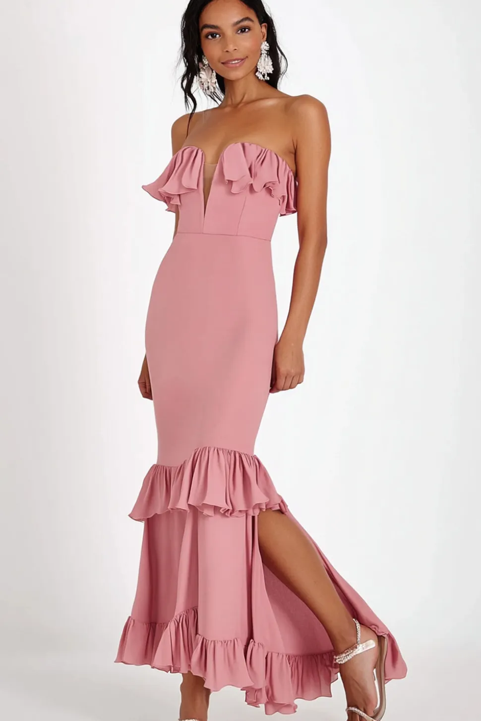Sereia rosa sem alças lantejoulas longo vestido formal com fenda