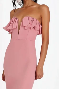 Sereia rosa sem alças lantejoulas longo vestido formal com fenda