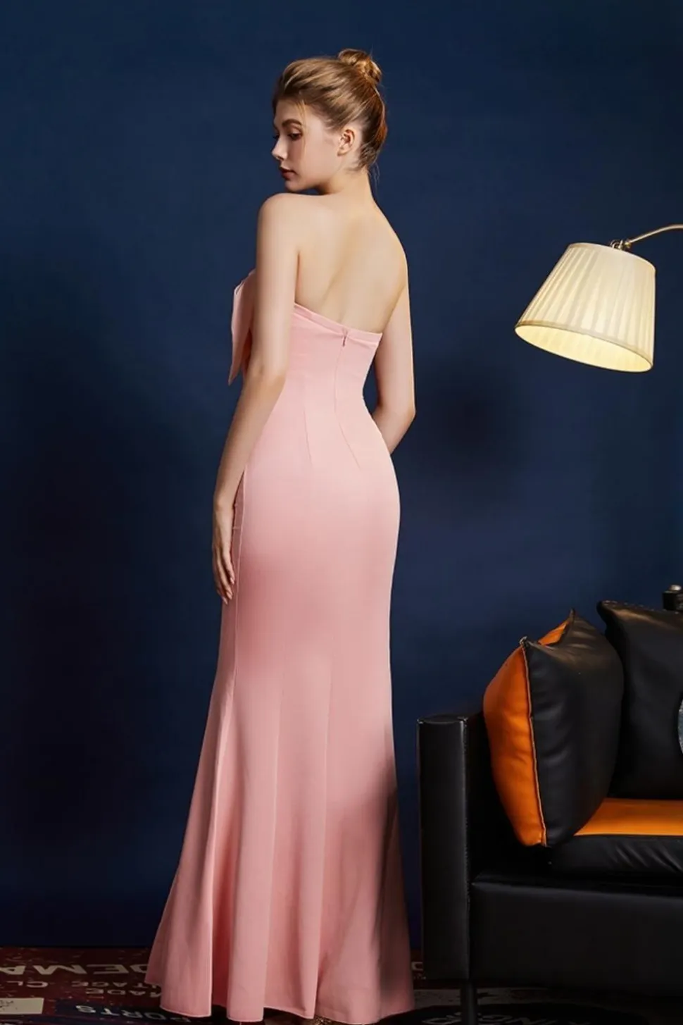 Sereia Rosa Strapless Long Prom Dress com Arco