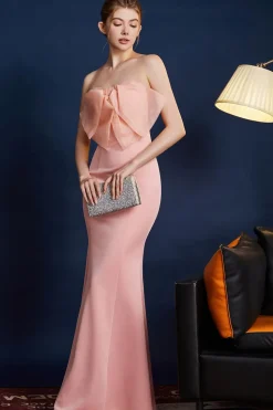 Sereia Rosa Strapless Long Prom Dress com Arco