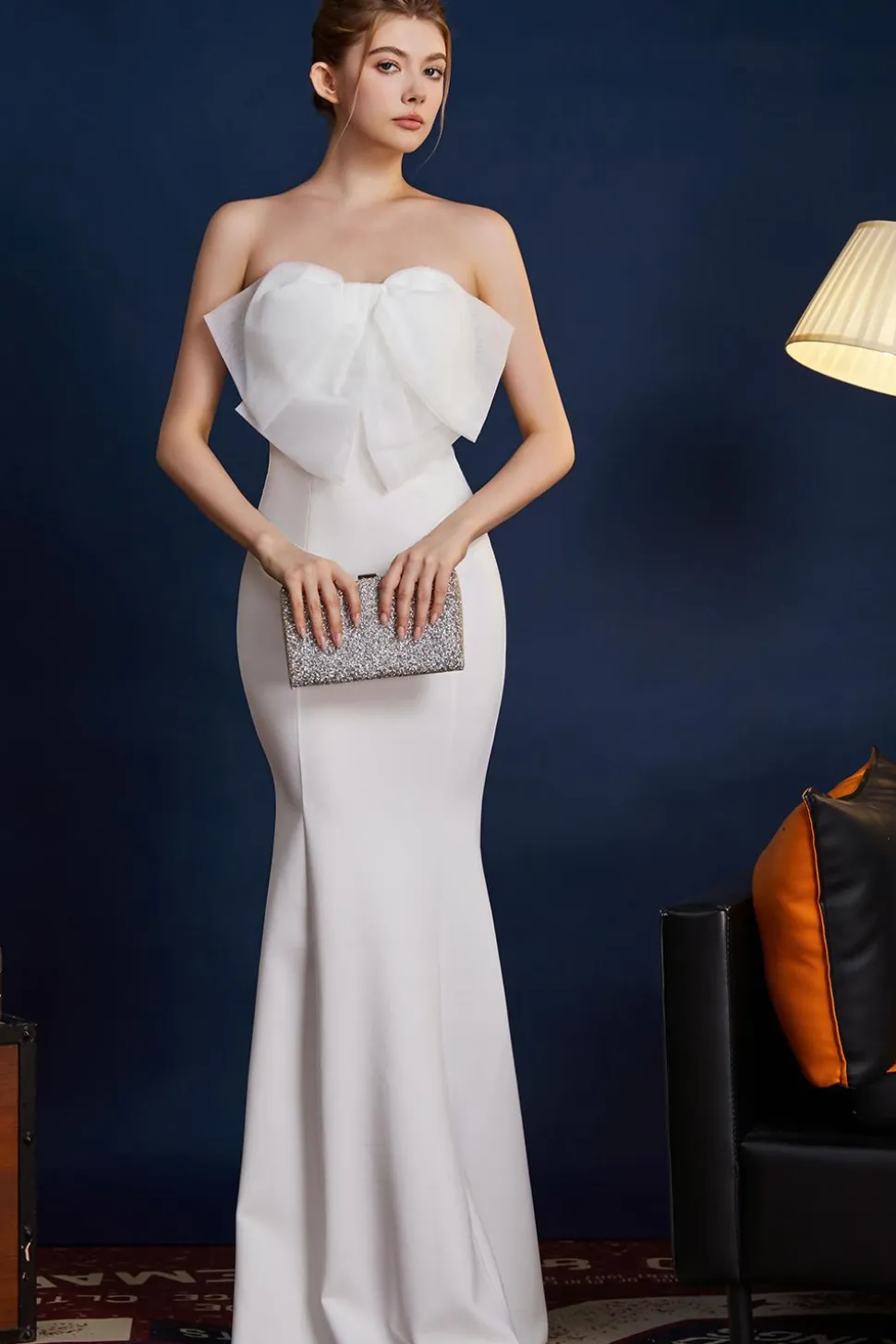 Sereia Rosa Strapless Long Prom Dress com Arco