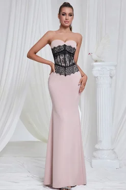 Sereia Rosa Strapless Renda Long Prom Dress
