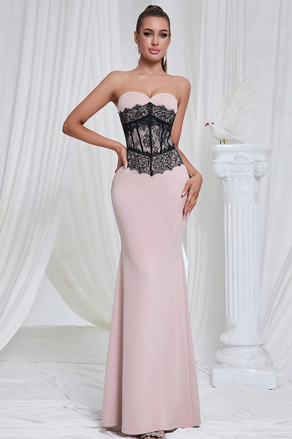 Sereia Rosa Strapless Renda Long Prom Dress