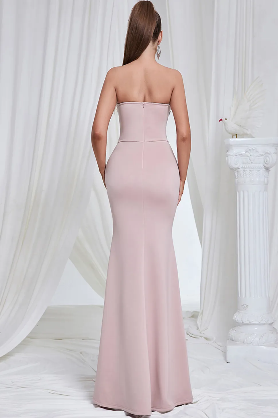 Sereia Rosa Strapless Renda Long Prom Dress