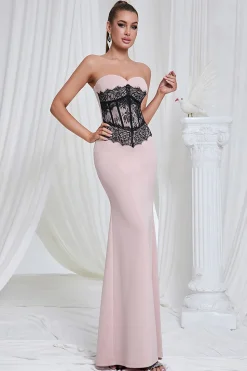 Sereia Rosa Strapless Renda Long Prom Dress