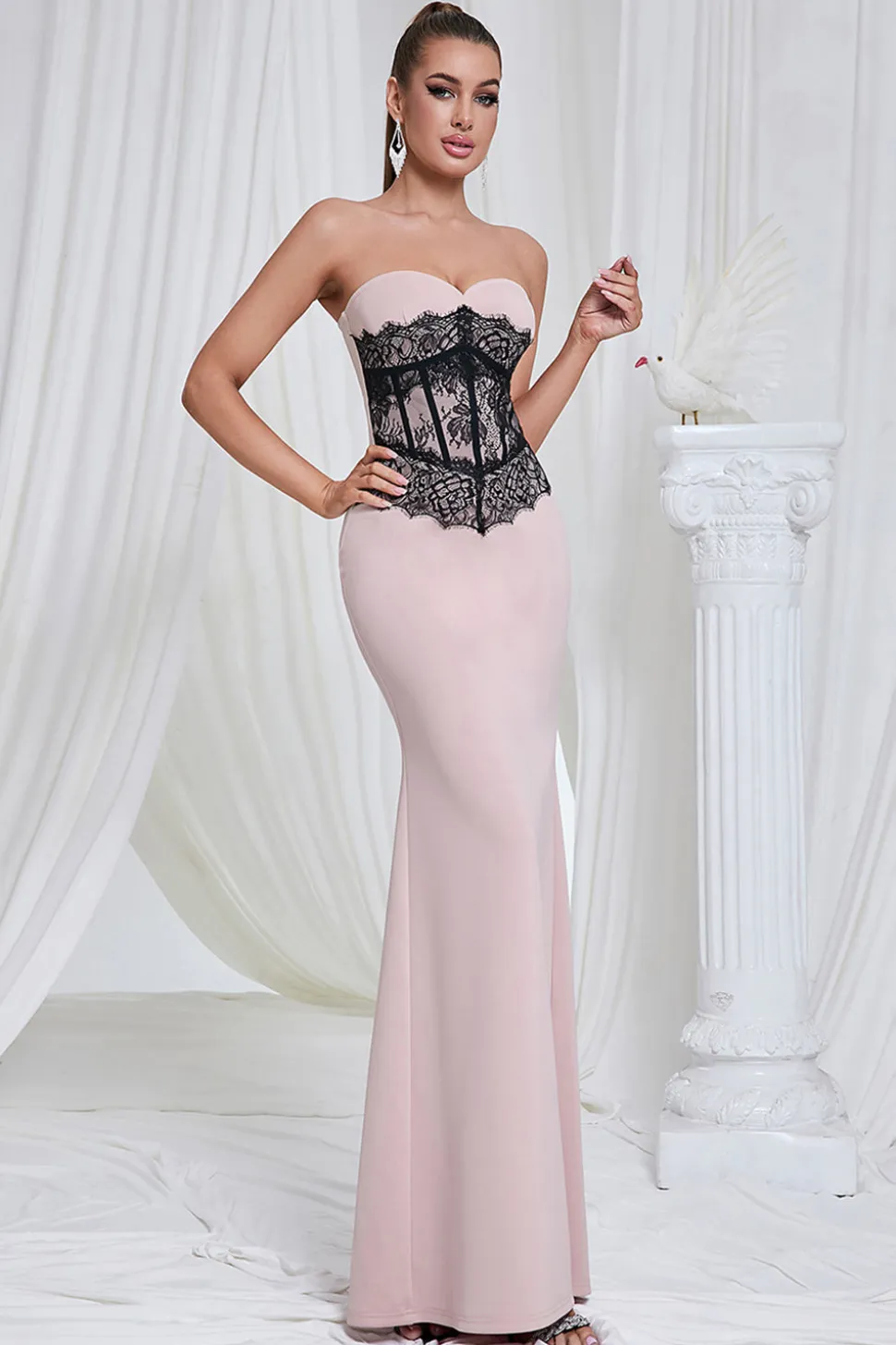 Sereia Rosa Strapless Renda Long Prom Dress