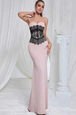 Sereia Rosa Strapless Renda Long Prom Dress