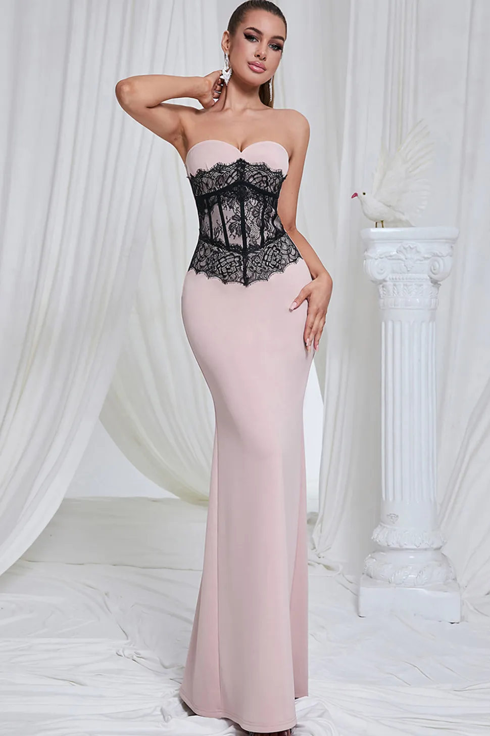 Sereia Rosa Strapless Renda Long Prom Dress