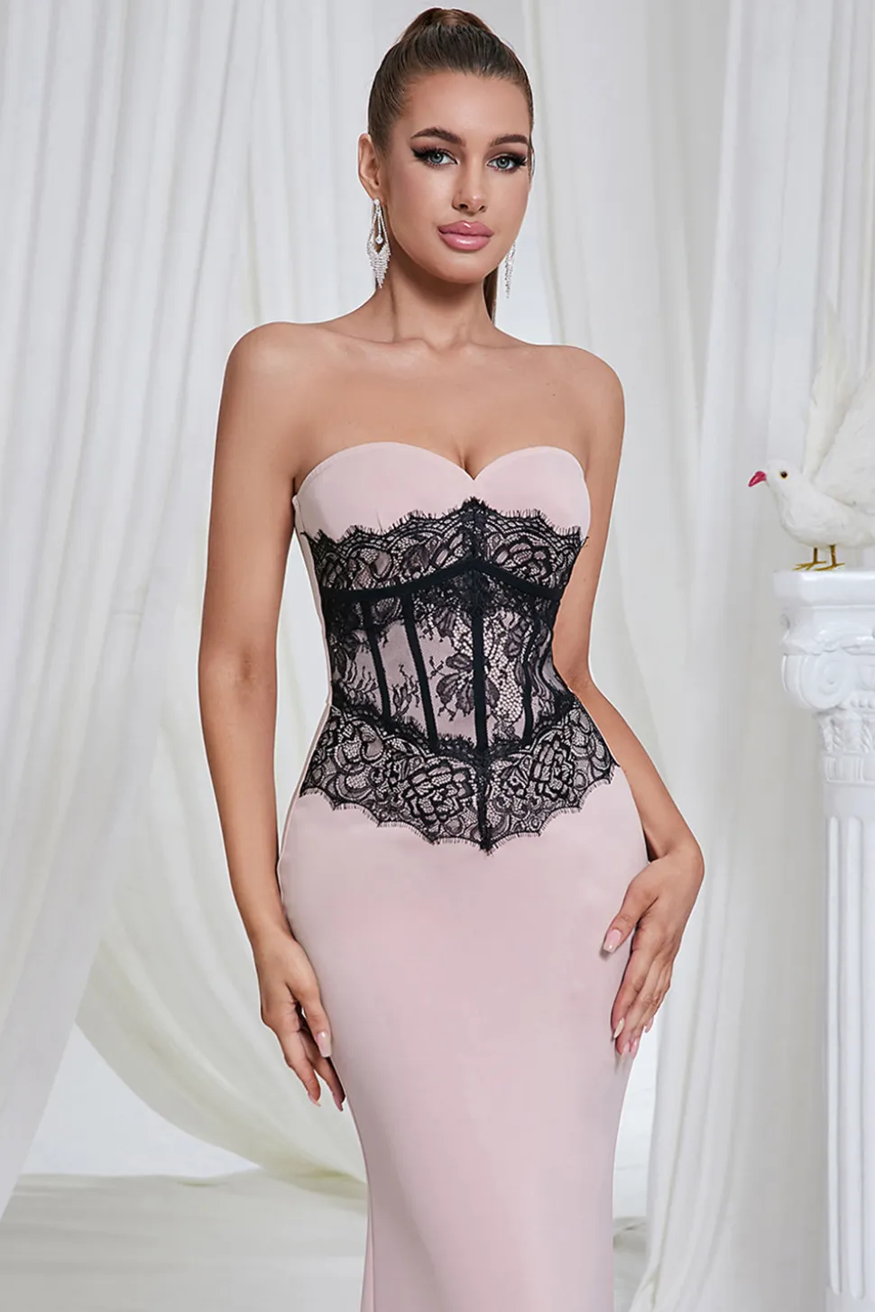 Sereia Rosa Strapless Renda Long Prom Dress
