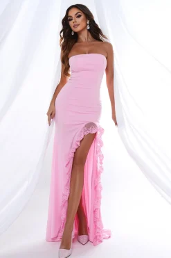 Sereia Rosa Strapless Ruffles Long Prom Dress com Fenda
