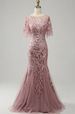 Sereia Rosa Tule Vestido Mãe de Noiva