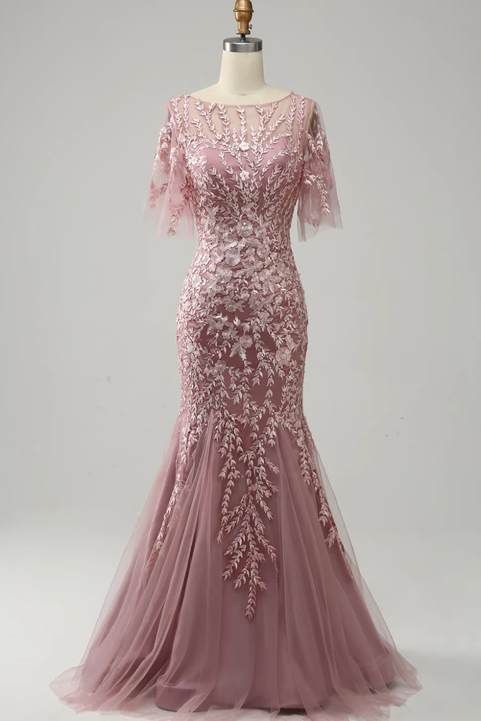 Sereia Rosa Tule Vestido Mãe de Noiva