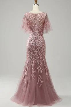 Sereia Rosa Tule Vestido Mãe de Noiva