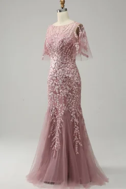 Sereia Rosa Tule Vestido Mãe de Noiva