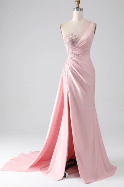 Sereia Rosa Um Ombro Sequins Appliques Ruched Prom Dress With Slit