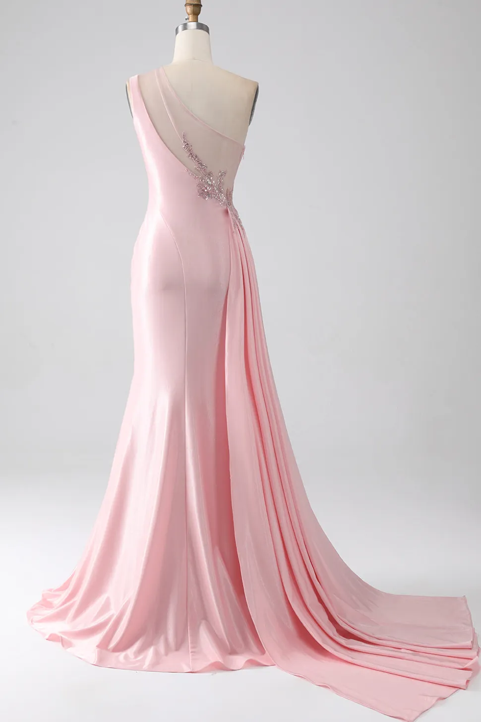 Sereia Rosa Um Ombro Sequins Appliques Ruched Prom Dress With Slit