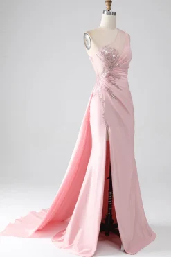 Sereia Rosa Um Ombro Sequins Appliques Ruched Prom Dress With Slit