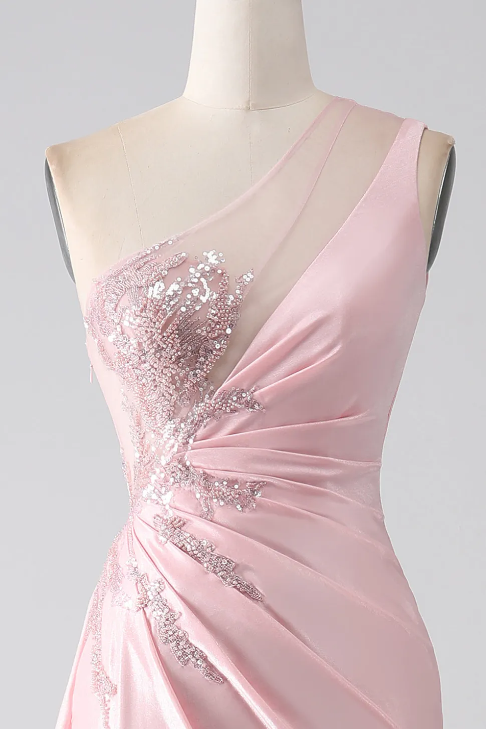 Sereia Rosa Um Ombro Sequins Appliques Ruched Prom Dress With Slit