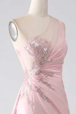 Sereia Rosa Um Ombro Sequins Appliques Ruched Prom Dress With Slit
