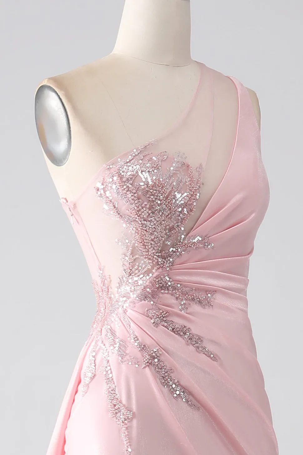 Sereia Rosa Um Ombro Sequins Appliques Ruched Prom Dress With Slit
