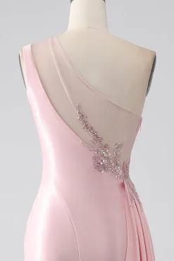 Sereia Rosa Um Ombro Sequins Appliques Ruched Prom Dress With Slit