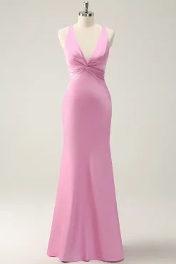 Sereia Rosa V Pescoço Cetim Vestido Longo Madrinha