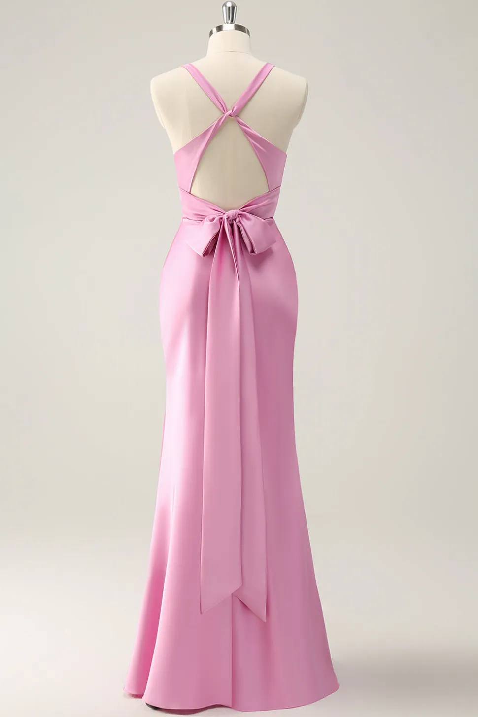 Sereia Rosa V Pescoço Cetim Vestido Longo Madrinha