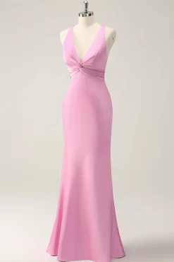 Sereia Rosa V Pescoço Cetim Vestido Longo Madrinha
