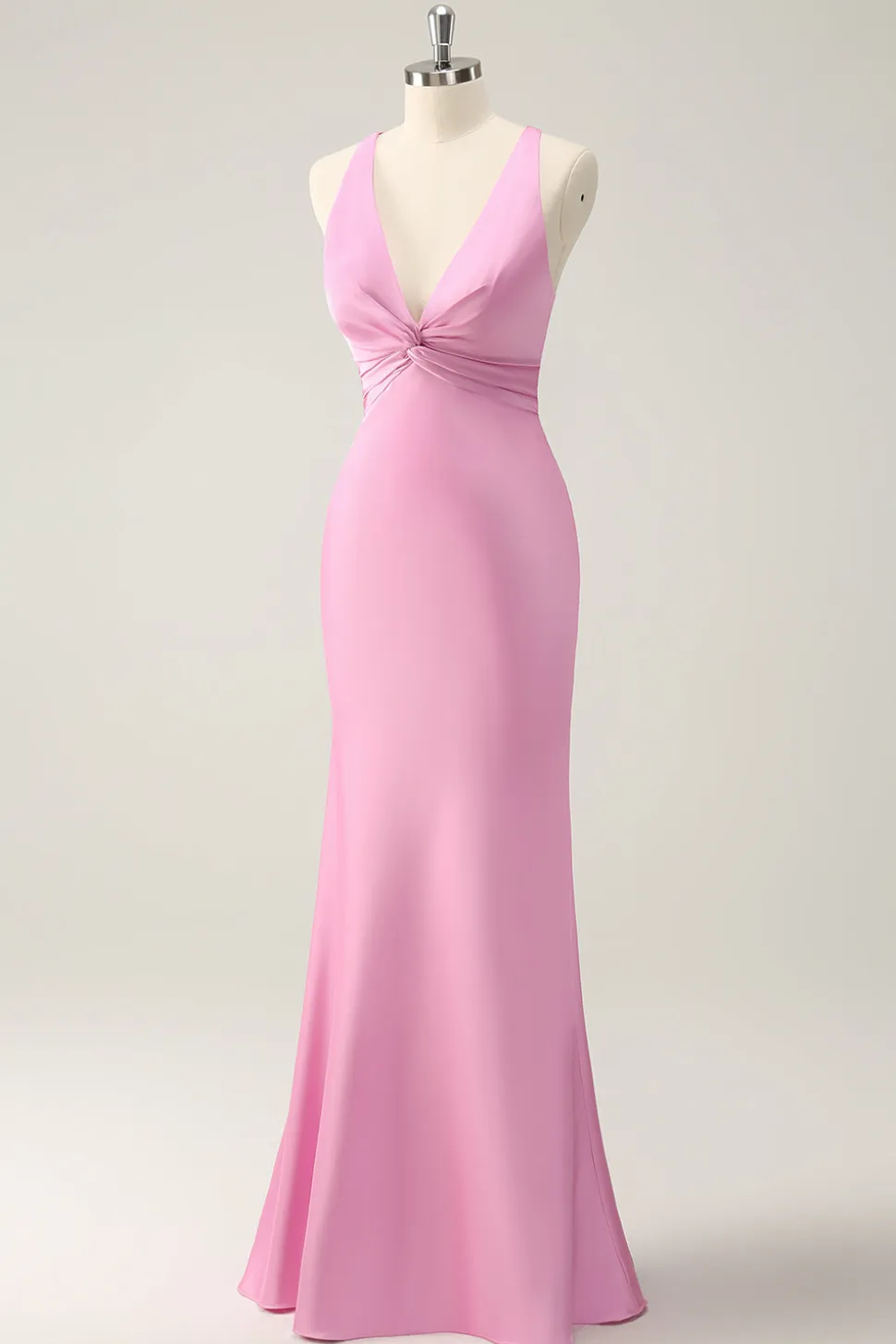 Sereia Rosa V Pescoço Cetim Vestido Longo Madrinha