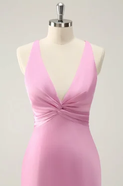 Sereia Rosa V Pescoço Cetim Vestido Longo Madrinha