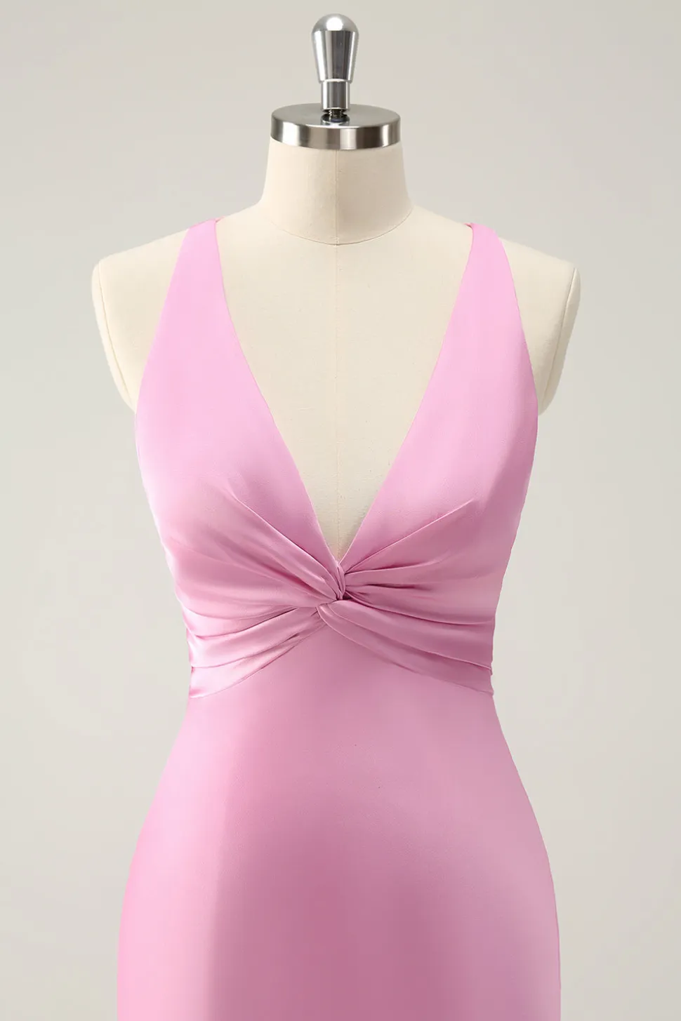 Sereia Rosa V Pescoço Cetim Vestido Longo Madrinha
