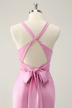 Sereia Rosa V Pescoço Cetim Vestido Longo Madrinha