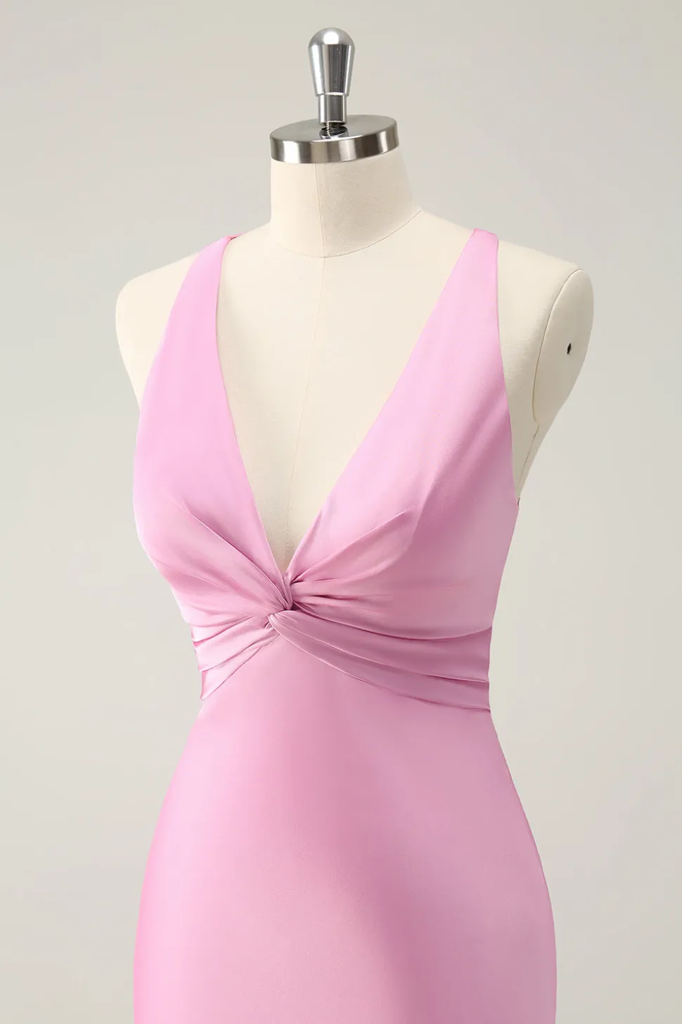 Sereia Rosa V Pescoço Cetim Vestido Longo Madrinha