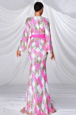 Sereia Rosa V Pescoço Mangas Longas Vestido de Baile com Fenda