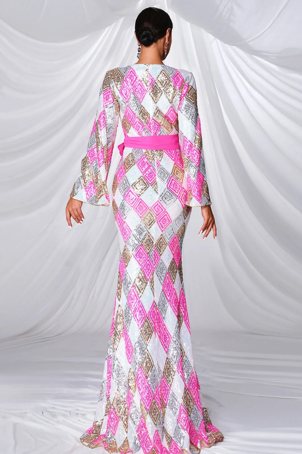 Sereia Rosa V Pescoço Mangas Longas Vestido de Baile com Fenda