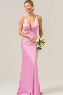 Sereia Rosa V Pescoço Ruched Cetim Long Vestido de Dama de Honra com Renda para Trás