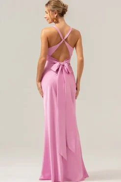 Sereia Rosa V Pescoço Ruched Cetim Long Vestido de Dama de Honra com Renda para Trás