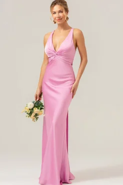 Sereia Rosa V Pescoço Ruched Cetim Long Vestido de Dama de Honra com Renda para Trás