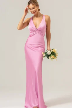 Sereia Rosa V Pescoço Ruched Cetim Long Vestido de Dama de Honra com Renda para Trás