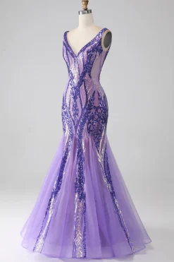 Sereia roxa brilhante V pescoço Sequins longo vestido de baile