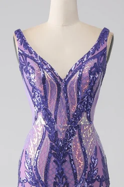 Sereia roxa brilhante V pescoço Sequins longo vestido de baile