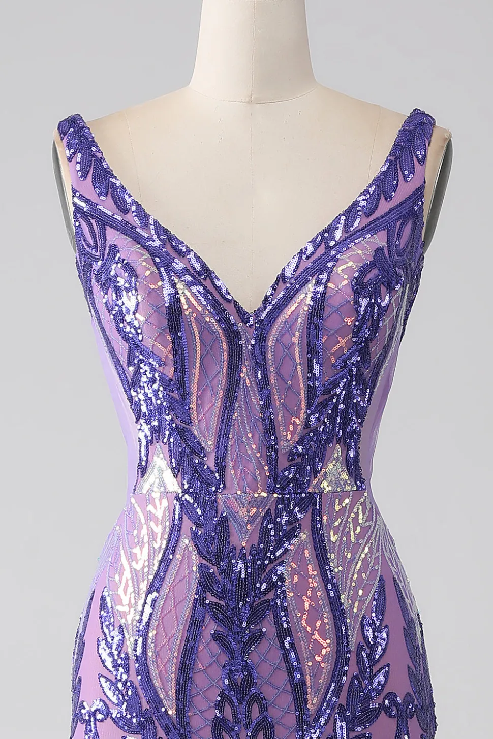 Sereia roxa brilhante V pescoço Sequins longo vestido de baile