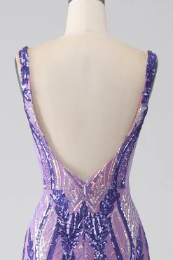 Sereia roxa brilhante V pescoço Sequins longo vestido de baile