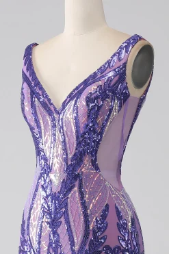 Sereia roxa brilhante V pescoço Sequins longo vestido de baile
