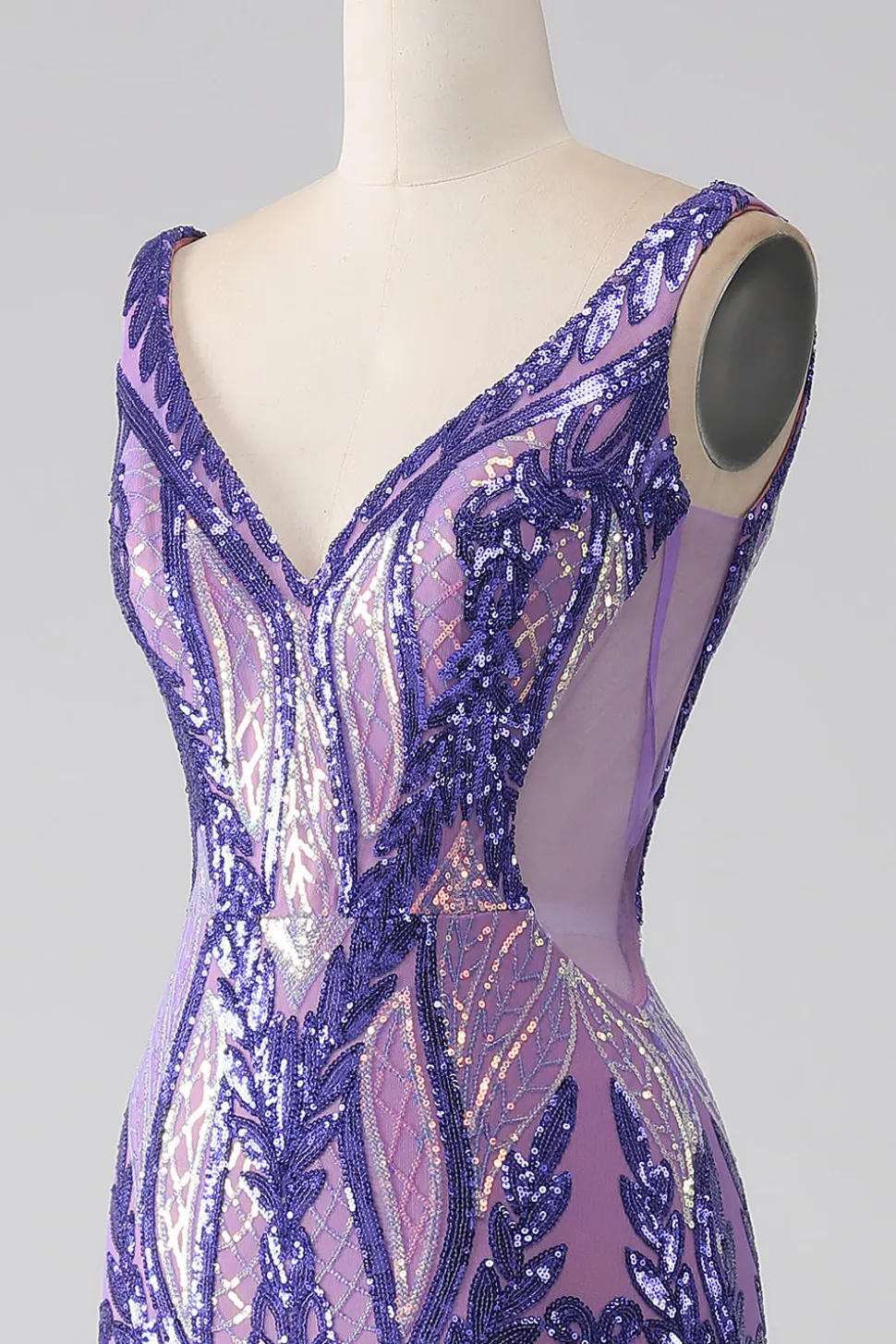 Sereia roxa brilhante V pescoço Sequins longo vestido de baile