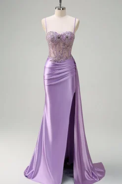 Sereia roxa brilhante Watteau Train Sheer Ruched Corset Long Prom Dress with Slit