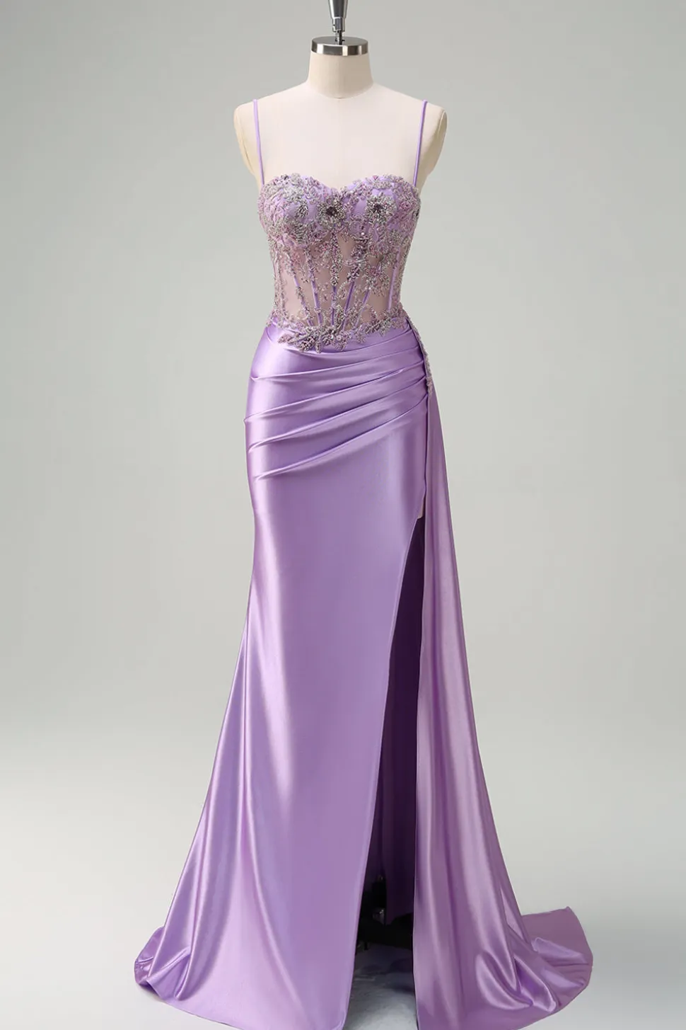 Sereia roxa brilhante Watteau Train Sheer Ruched Corset Long Prom Dress with Slit
