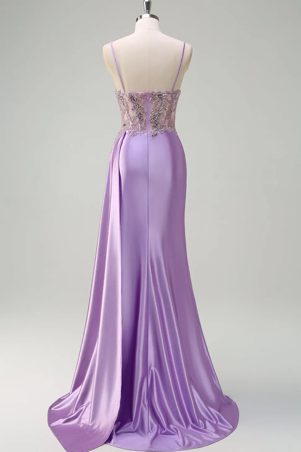 Sereia roxa brilhante Watteau Train Sheer Ruched Corset Long Prom Dress with Slit