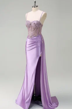 Sereia roxa brilhante Watteau Train Sheer Ruched Corset Long Prom Dress with Slit
