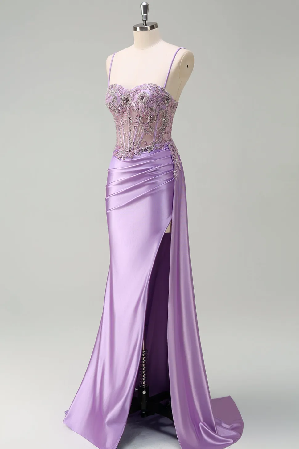 Sereia roxa brilhante Watteau Train Sheer Ruched Corset Long Prom Dress with Slit